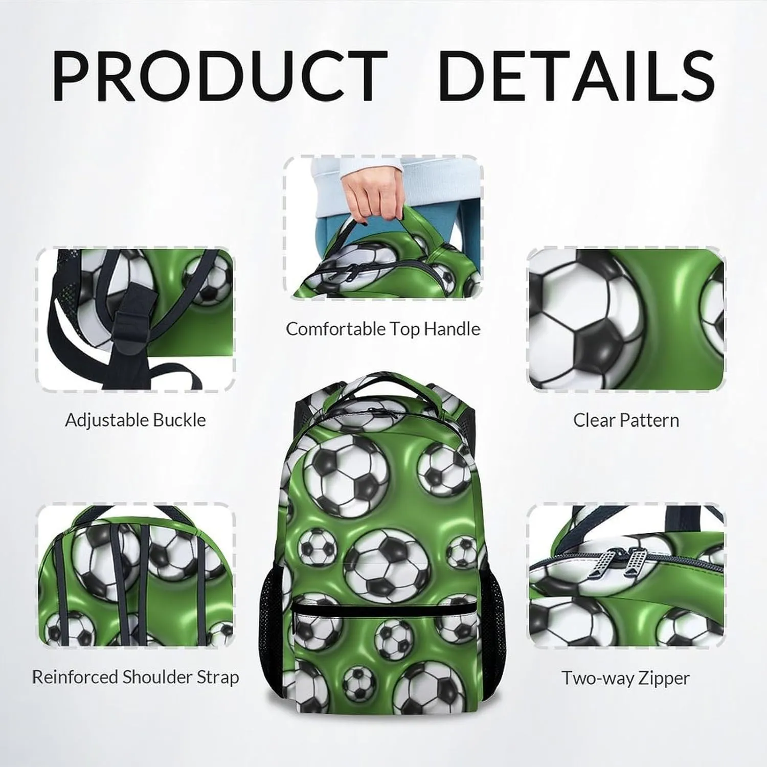 Kid Backpack for Boys - 2D Soccer Ball Bookbag - Lightweight Durable Large Capacity - 17 Inch Green Bookbag for School, Travel and Camp