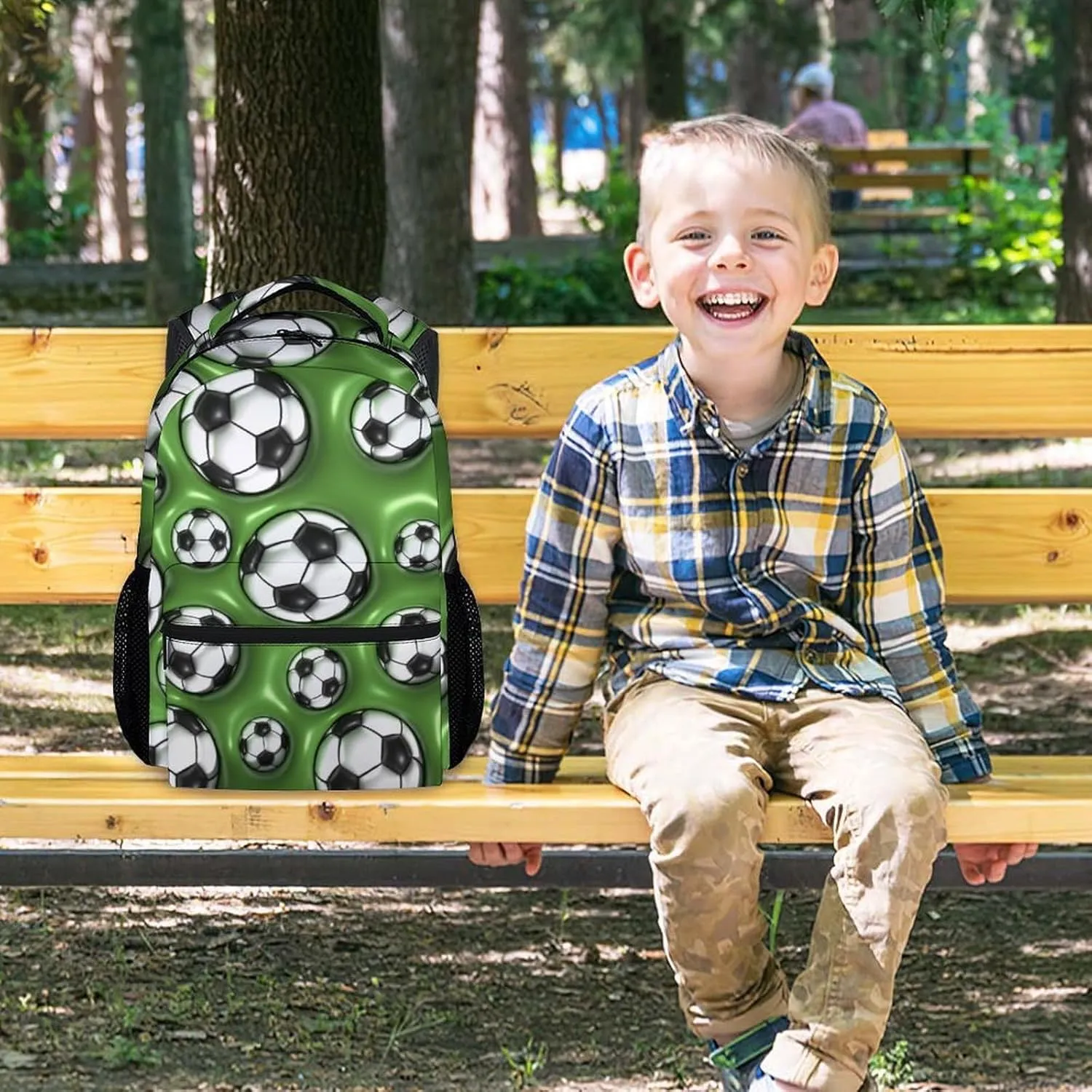 Kid Backpack for Boys - 2D Soccer Ball Bookbag - Lightweight Durable Large Capacity - 17 Inch Green Bookbag for School, Travel and Camp
