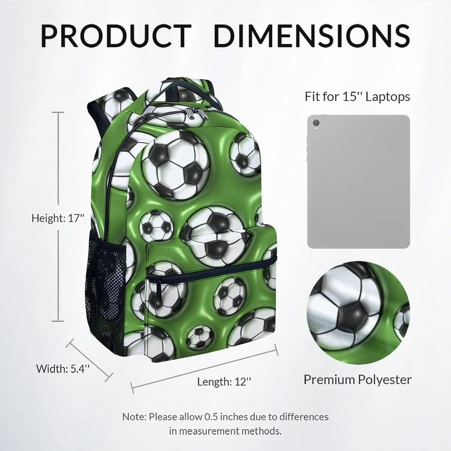 Kid Backpack for Boys - 2D Soccer Ball Bookbag - Lightweight Durable Large Capacity - 17 Inch Green Bookbag for School, Travel and Camp