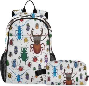 Kids Backpack for Girls Boys Beetles Design Kindergarten School Bag with Lunch Box Preschool Bookbag Set for Young Elementary Students