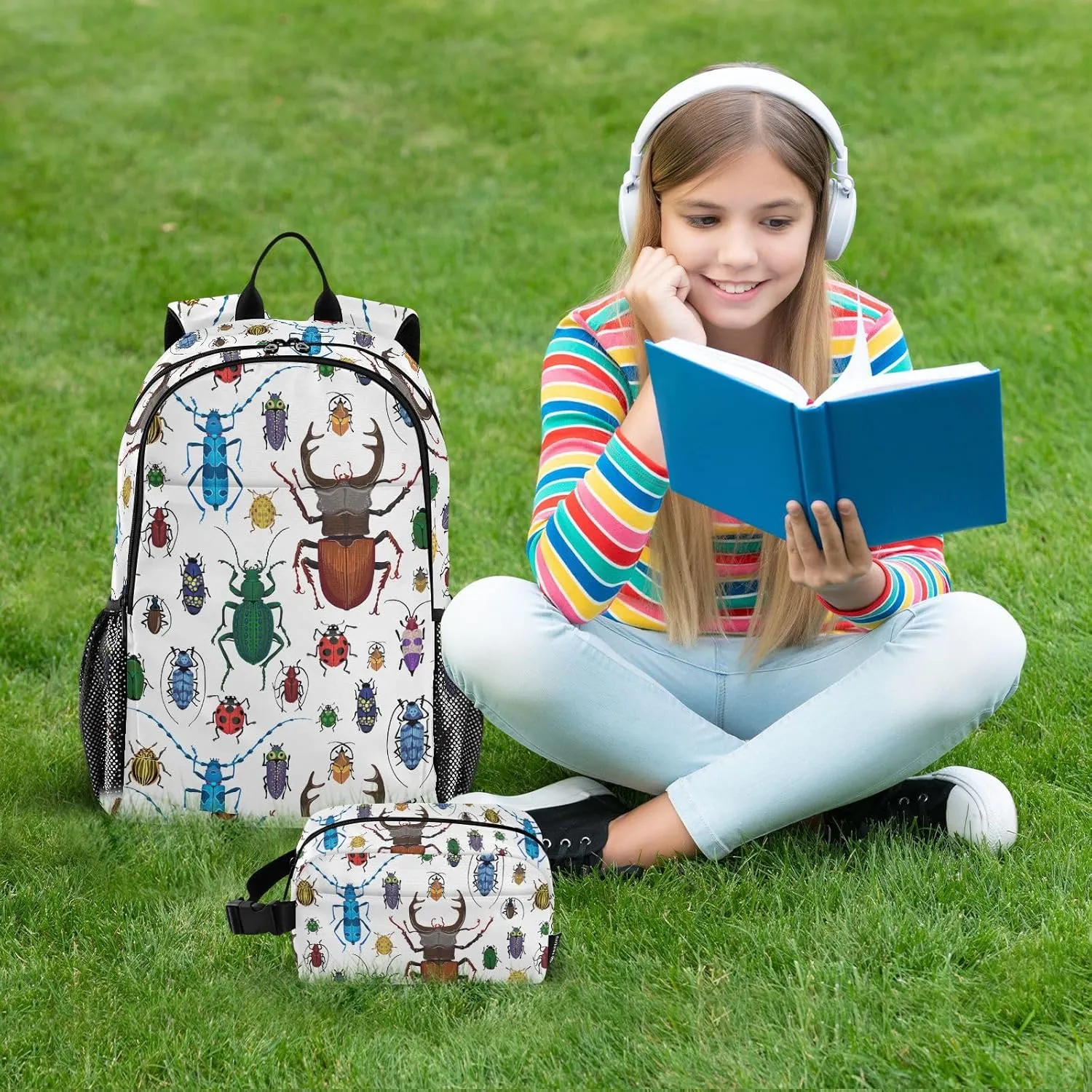 Kids Backpack for Girls Boys Beetles Design Kindergarten School Bag with Lunch Box Preschool Bookbag Set for Young Elementary Students