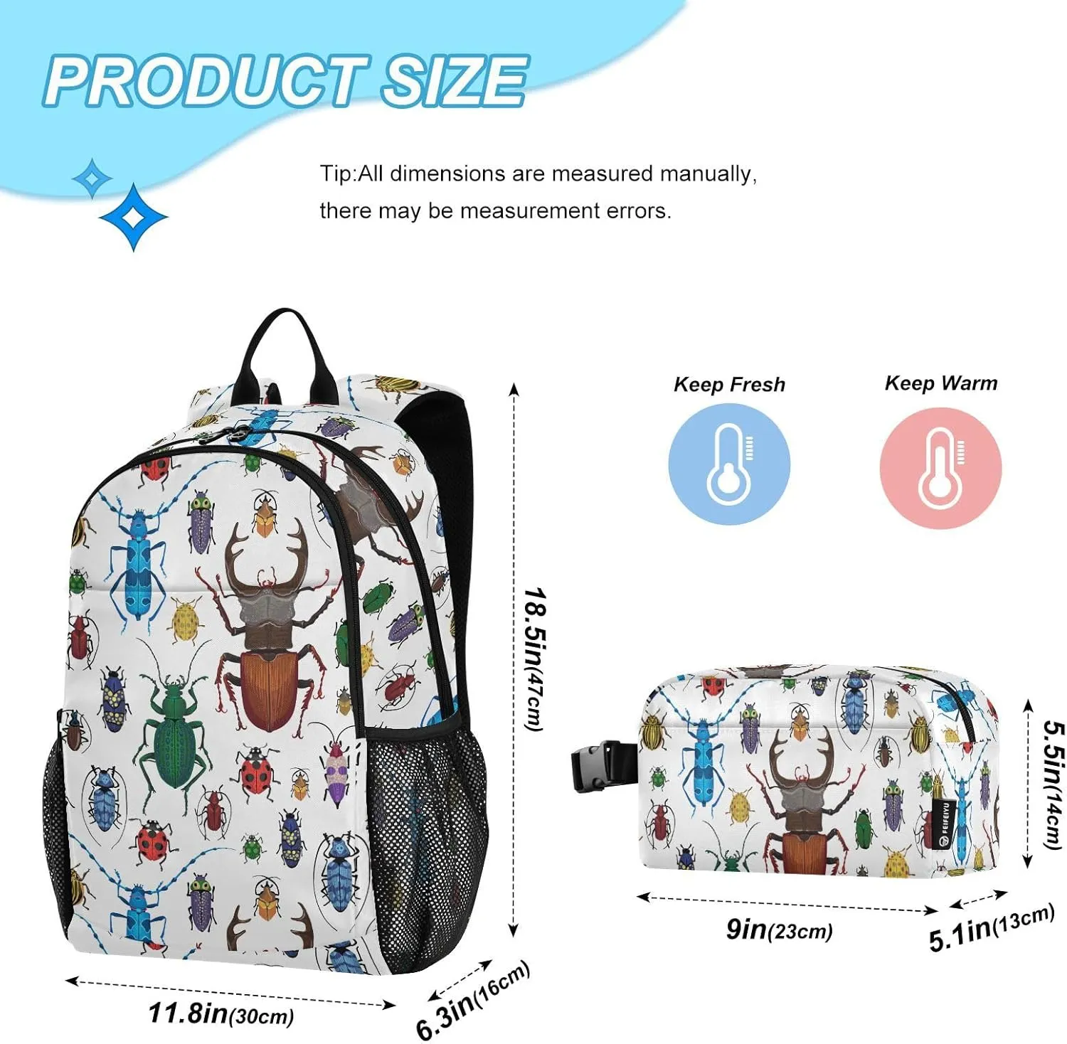 Kids Backpack for Girls Boys Beetles Design Kindergarten School Bag with Lunch Box Preschool Bookbag Set for Young Elementary Students