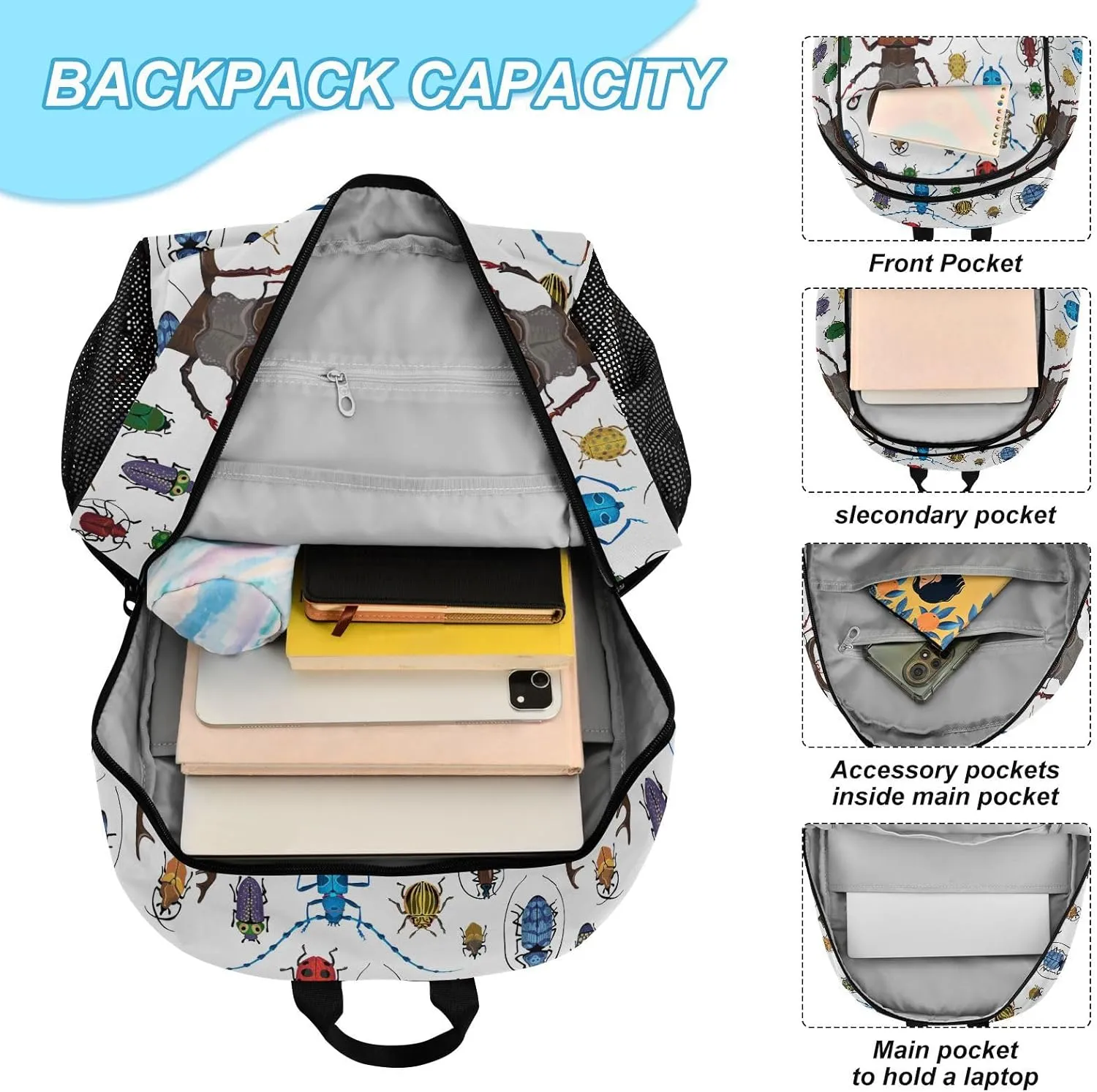 Kids Backpack for Girls Boys Beetles Design Kindergarten School Bag with Lunch Box Preschool Bookbag Set for Young Elementary Students