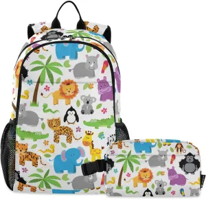 Kids Backpack for Girls Boys Jungle Zoo Animal Cute Kindergarten School Bag with Lunch Box Preschool Bookbag Set