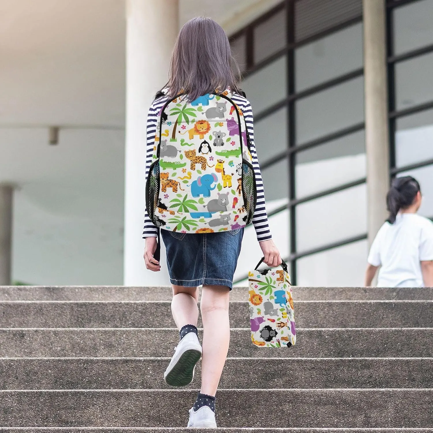 Kids Backpack for Girls Boys Jungle Zoo Animal Cute Kindergarten School Bag with Lunch Box Preschool Bookbag Set