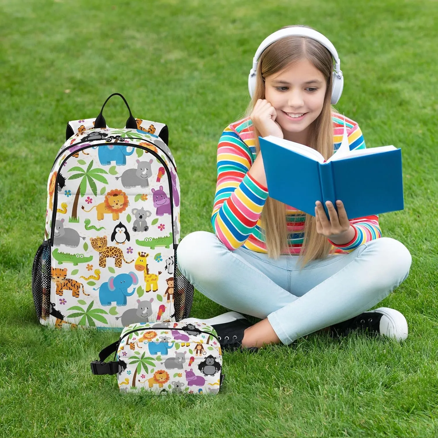 Kids Backpack for Girls Boys Jungle Zoo Animal Cute Kindergarten School Bag with Lunch Box Preschool Bookbag Set