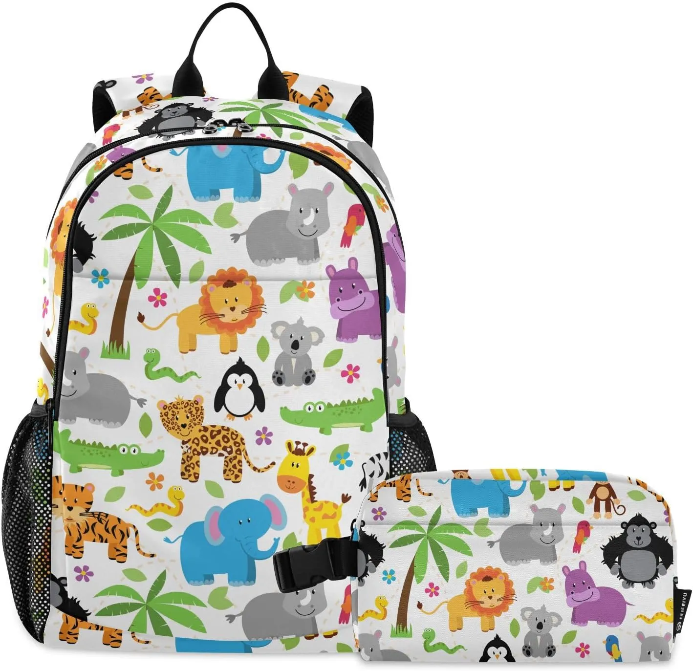 Kids Backpack for Girls Boys Jungle Zoo Animal Cute Kindergarten School Bag with Lunch Box Preschool Bookbag Set