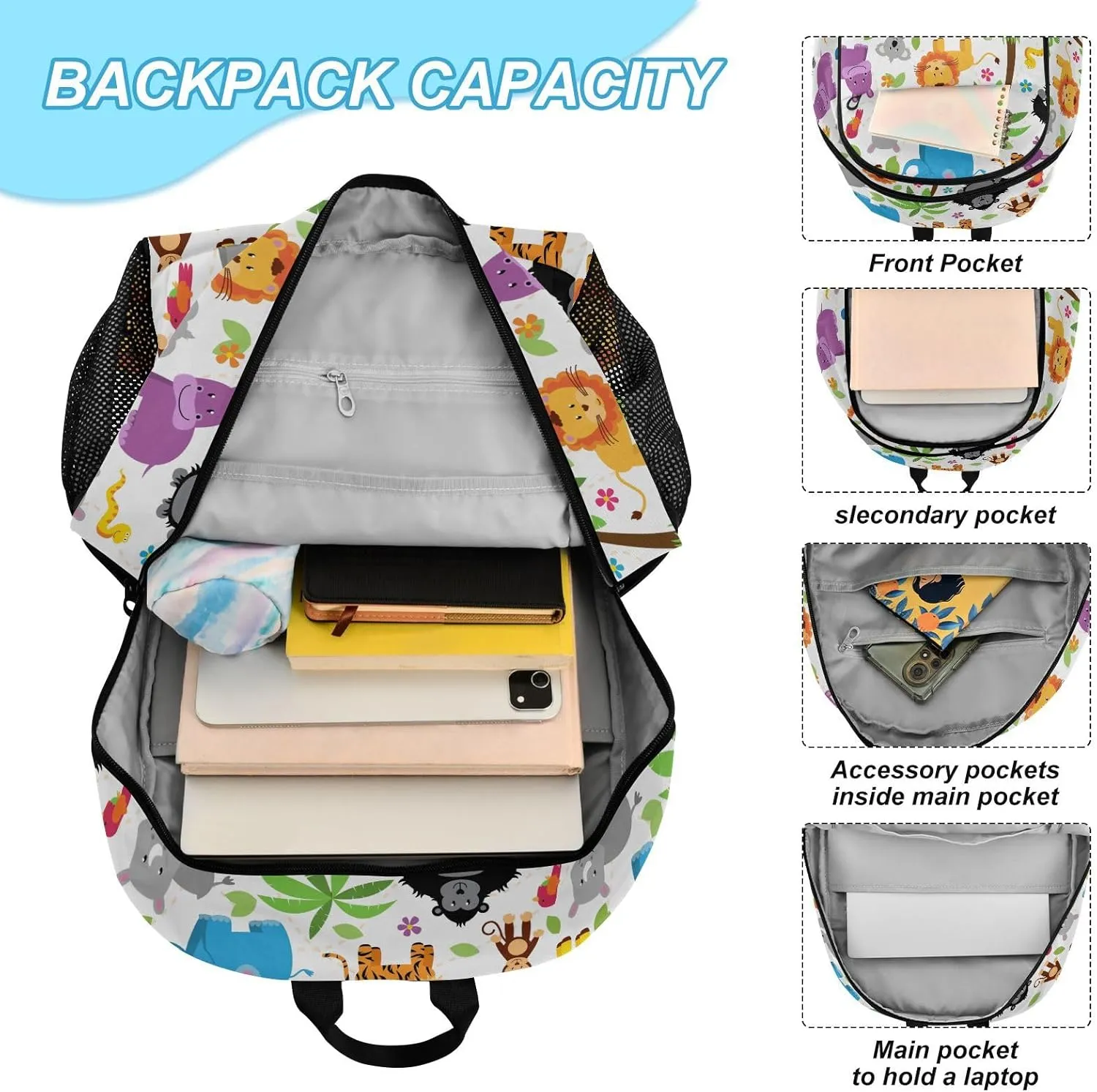 Kids Backpack for Girls Boys Jungle Zoo Animal Cute Kindergarten School Bag with Lunch Box Preschool Bookbag Set