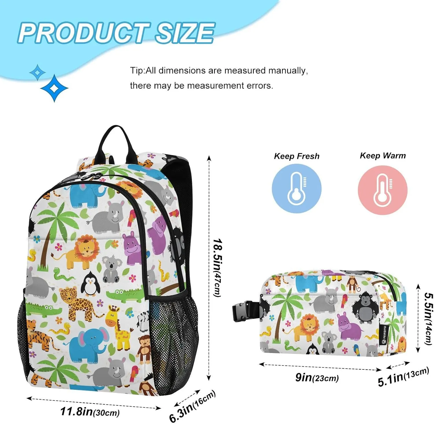 Kids Backpack for Girls Boys Jungle Zoo Animal Cute Kindergarten School Bag with Lunch Box Preschool Bookbag Set