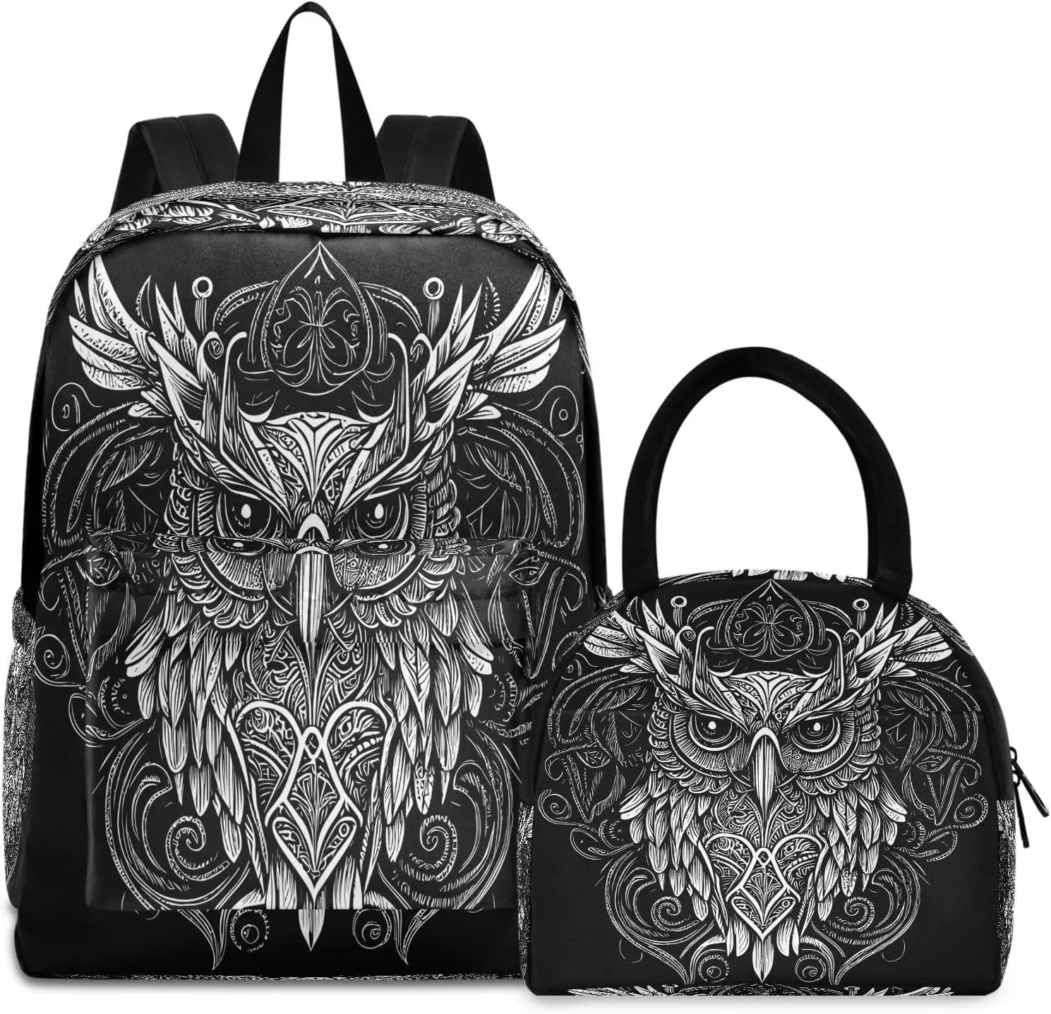 Kids Backpack Set, Enigmatic-graceful-owl Preschool Elementary School Bookbag with Lunch Bag
