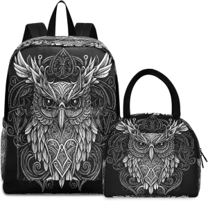 Kids Backpack Set, Enigmatic-graceful-owl Preschool Elementary School Bookbag with Lunch Bag