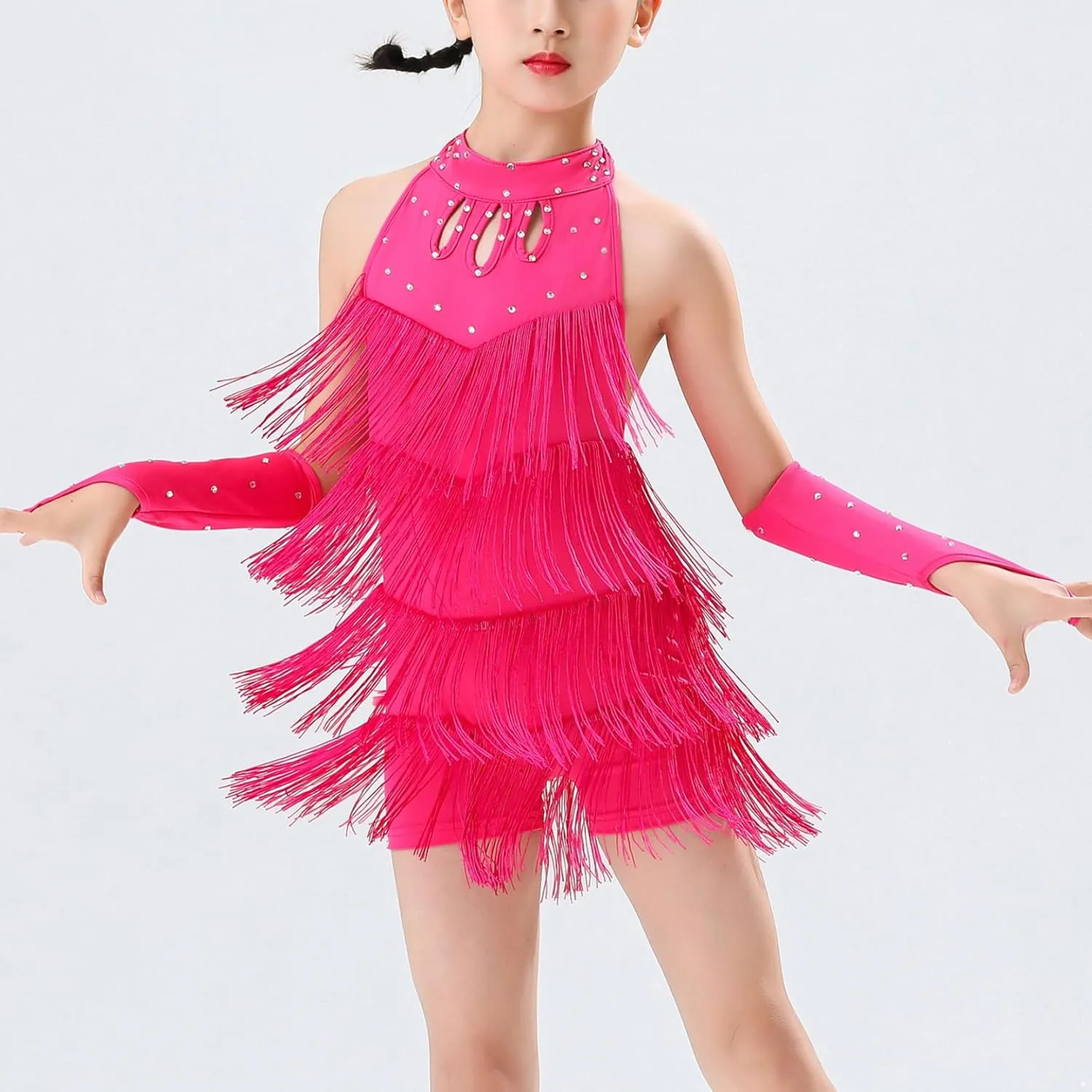 Kids Girls Tassel Latin Dance Dress Halter Sleeveless Fringe Samba Rumba Jazz Cha Cha Dance Costume