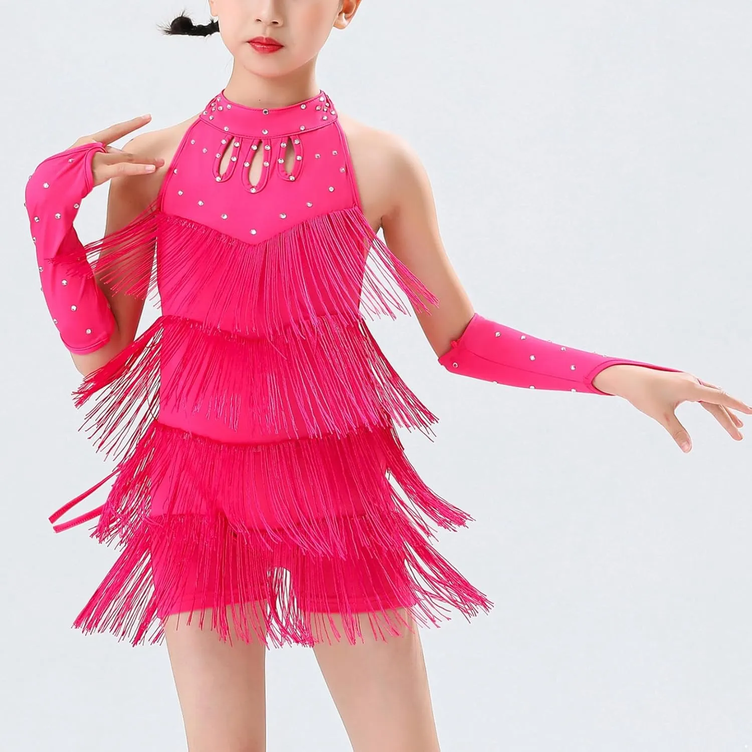 Kids Girls Tassel Latin Dance Dress Halter Sleeveless Fringe Samba Rumba Jazz Cha Cha Dance Costume