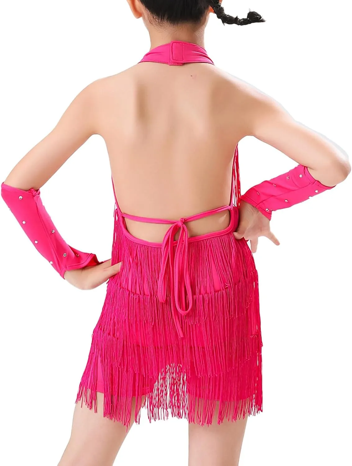 Kids Girls Tassel Latin Dance Dress Halter Sleeveless Fringe Samba Rumba Jazz Cha Cha Dance Costume