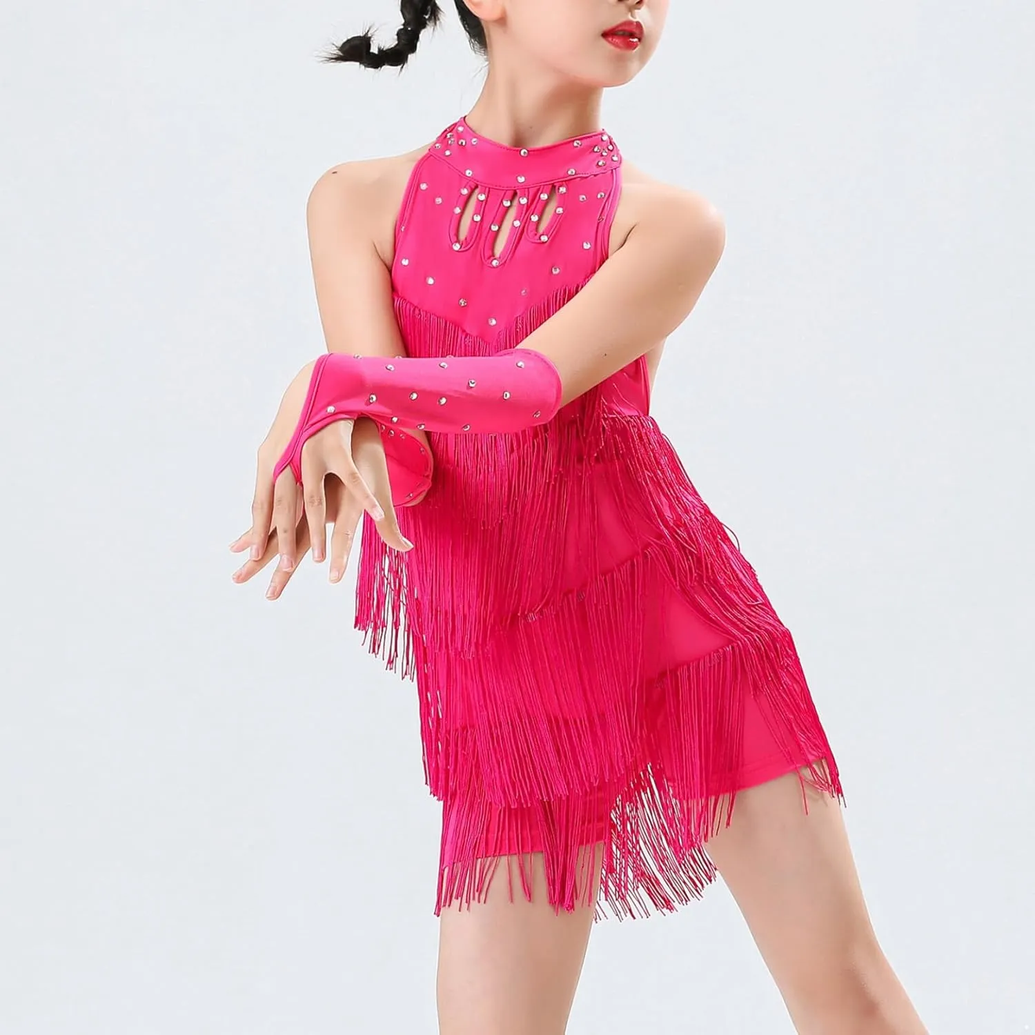 Kids Girls Tassel Latin Dance Dress Halter Sleeveless Fringe Samba Rumba Jazz Cha Cha Dance Costume