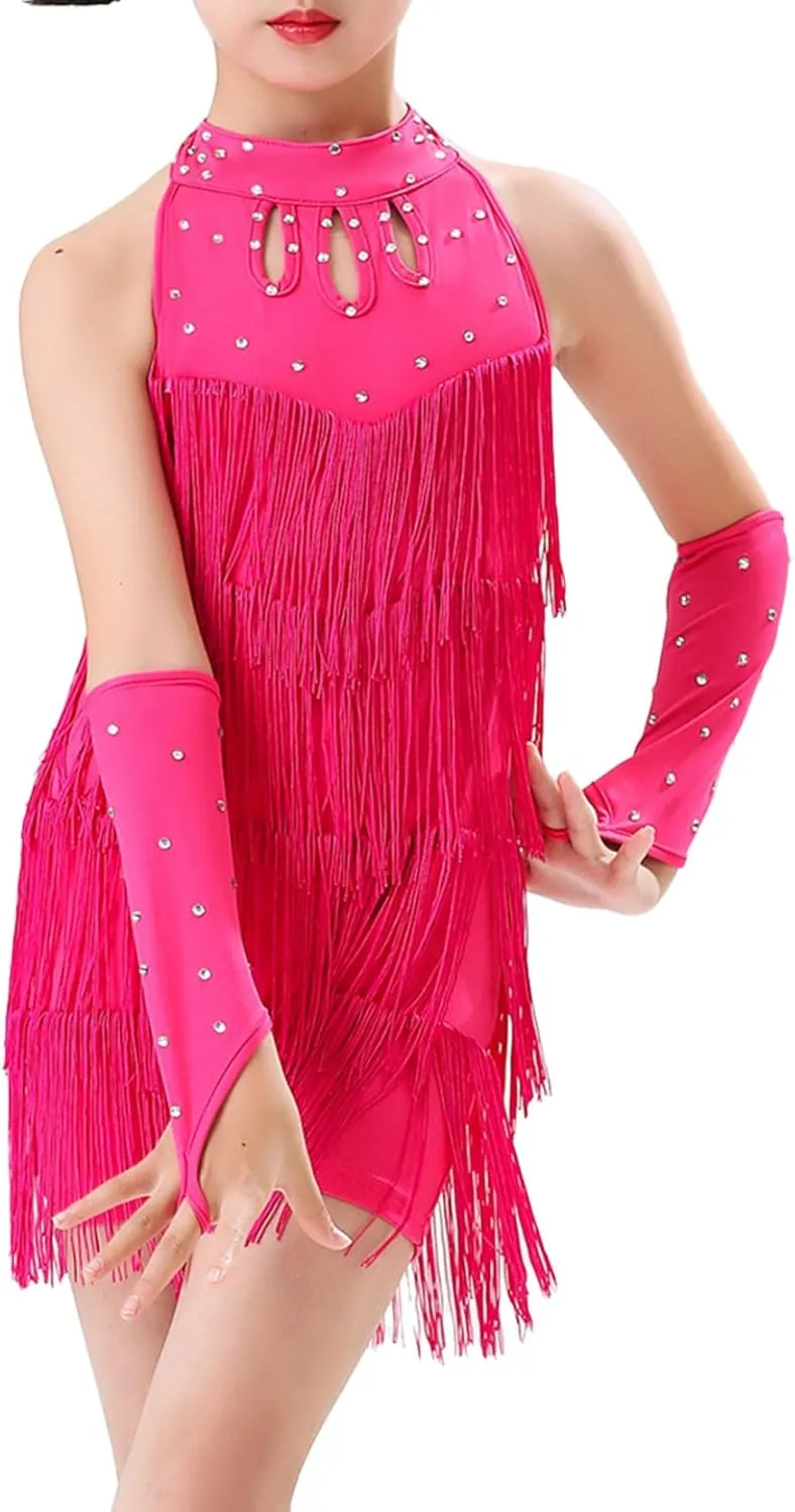Kids Girls Tassel Latin Dance Dress Halter Sleeveless Fringe Samba Rumba Jazz Cha Cha Dance Costume
