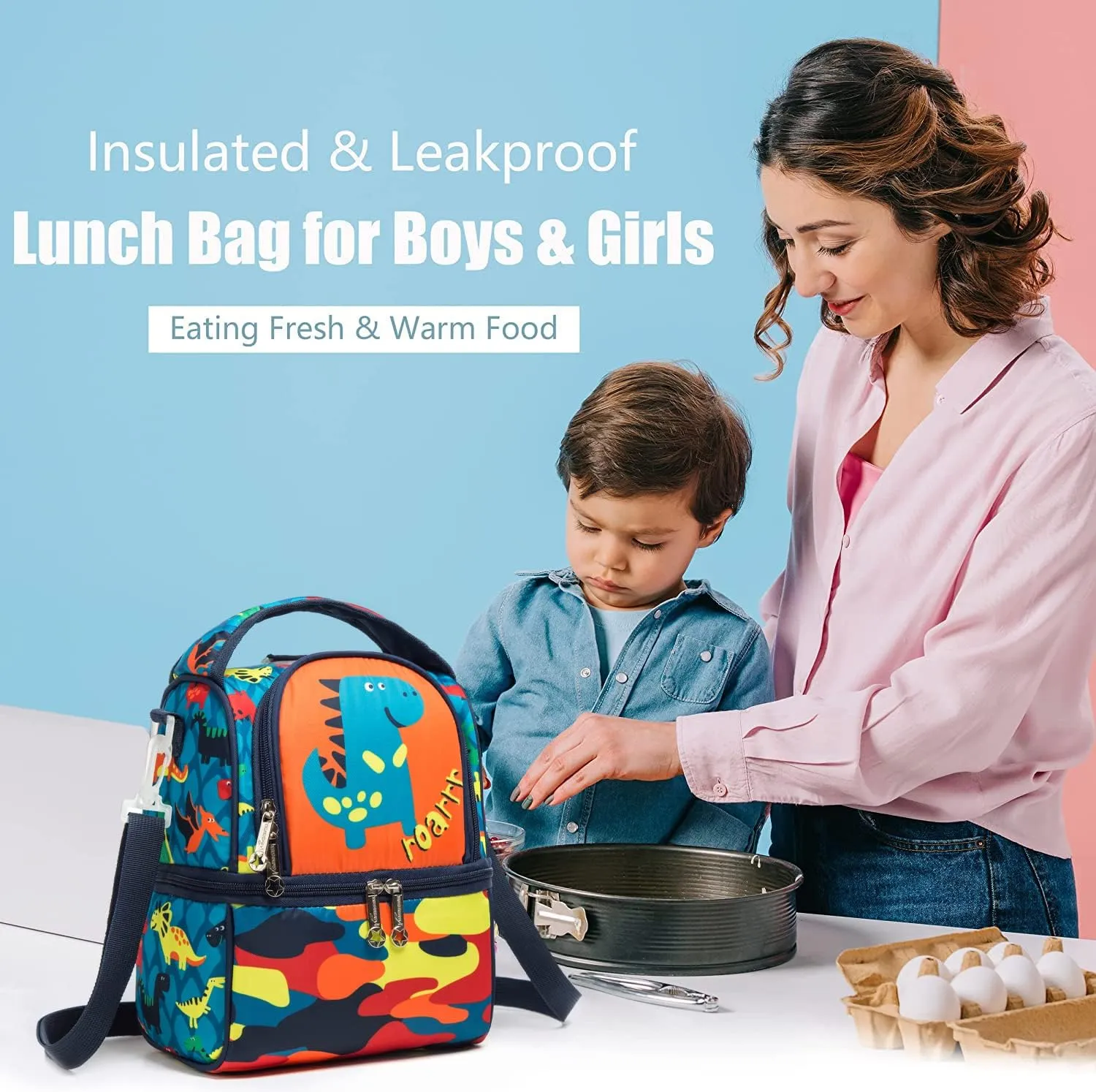 Kids Lunch Bag Insulated Cooler Bento Bag with Two Compartments for Boys, Girls, School, Travel Lunch Tote with Adjustable Strap