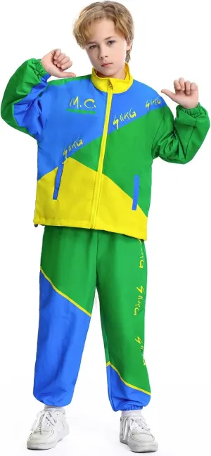 Kids Retro Tracksuit, Boys' Girls' Hip Hop Dance Clothes Color Block Outfits Unisex Patchwork Jacket Pants Streetwear Set