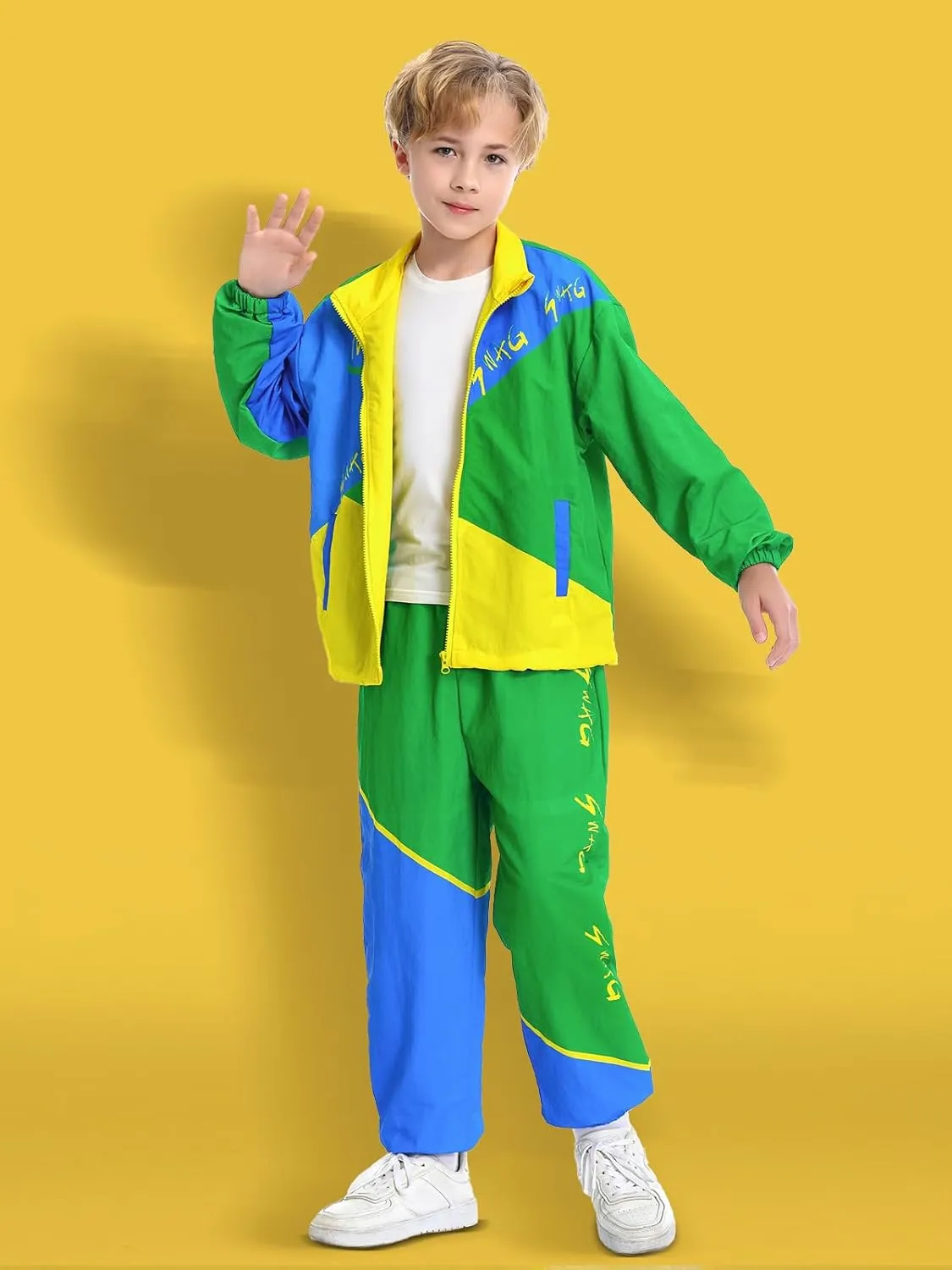 Kids Retro Tracksuit, Boys' Girls' Hip Hop Dance Clothes Color Block Outfits Unisex Patchwork Jacket Pants Streetwear Set