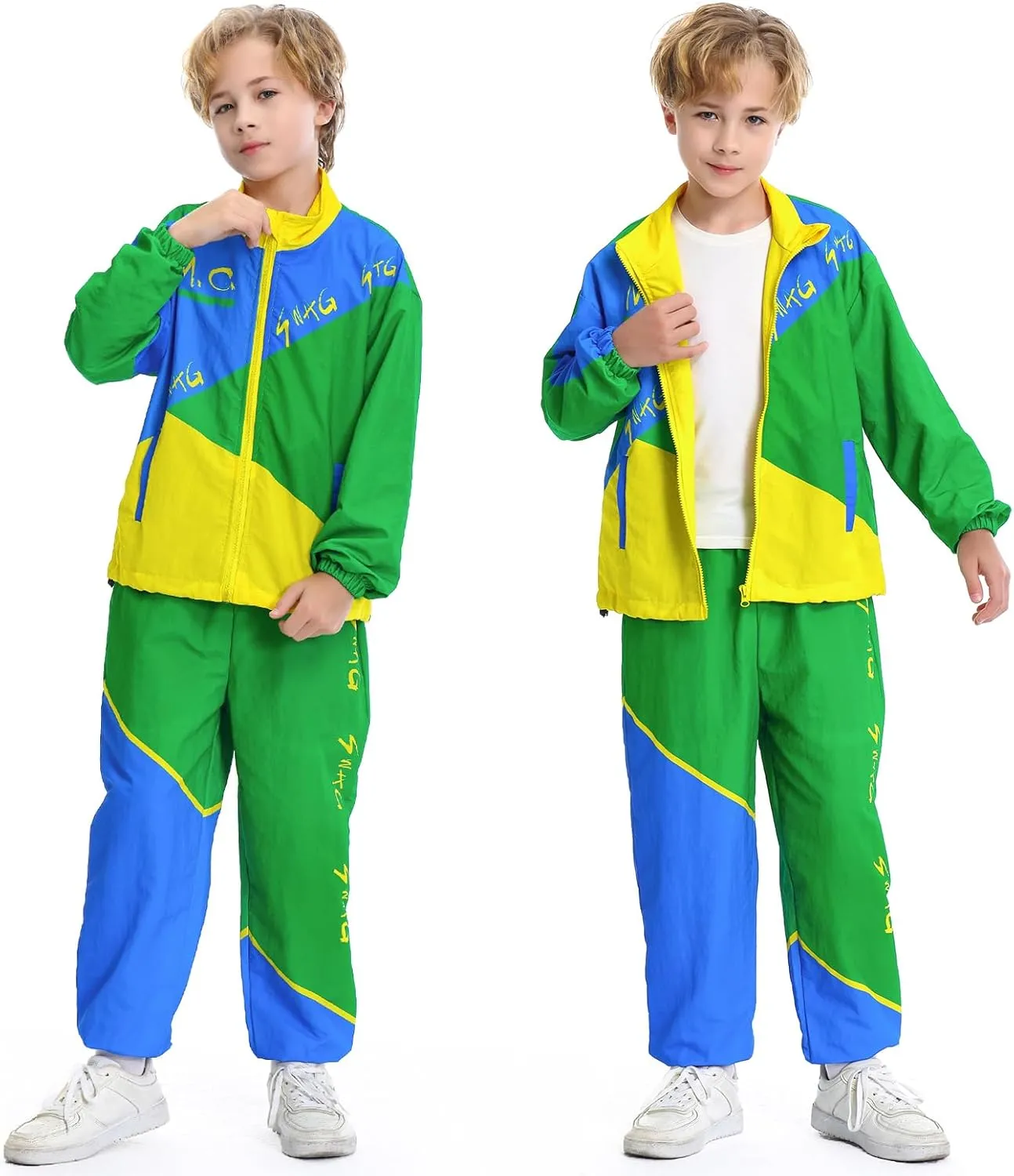 Kids Retro Tracksuit, Boys' Girls' Hip Hop Dance Clothes Color Block Outfits Unisex Patchwork Jacket Pants Streetwear Set