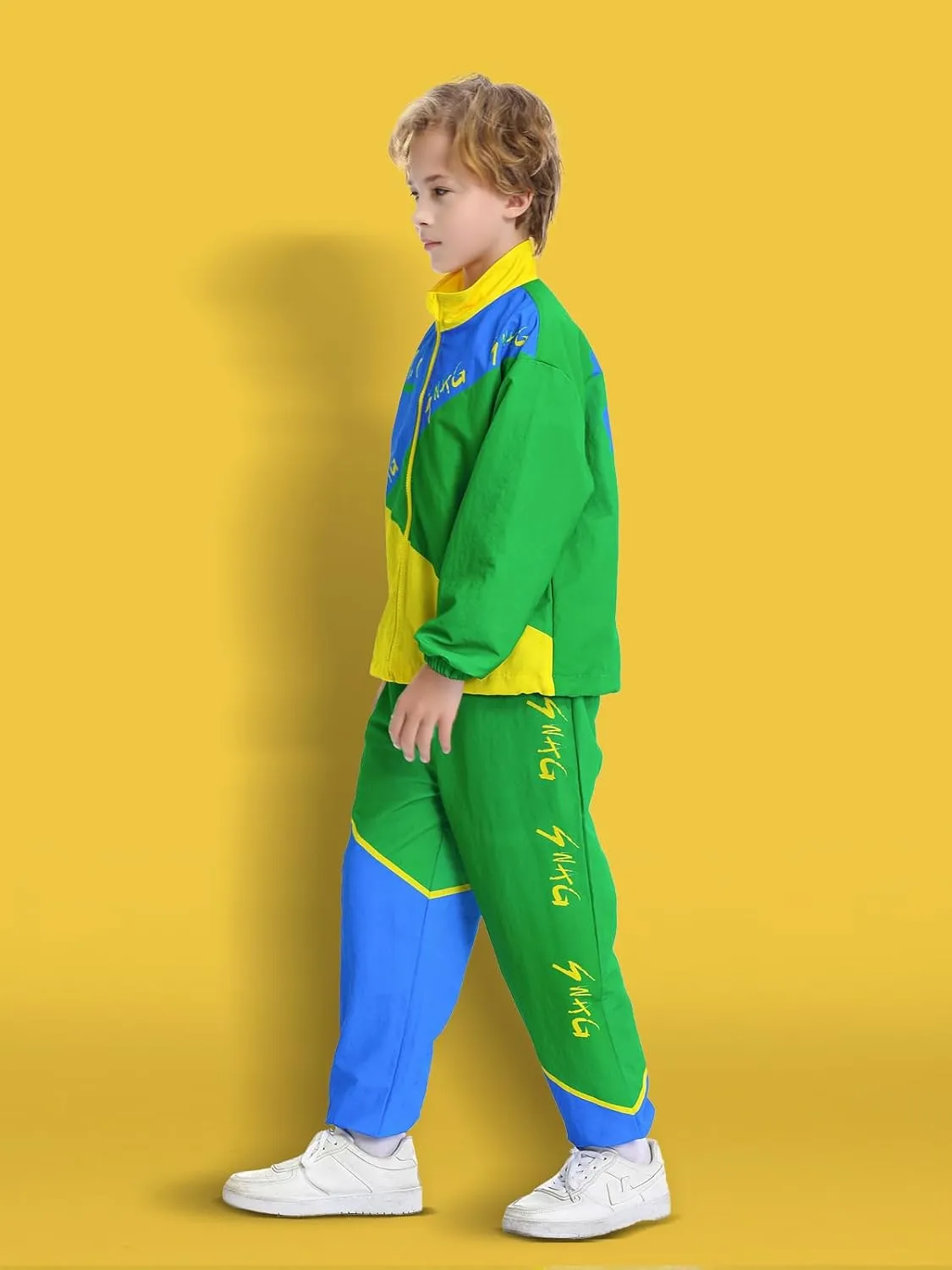 Kids Retro Tracksuit, Boys' Girls' Hip Hop Dance Clothes Color Block Outfits Unisex Patchwork Jacket Pants Streetwear Set