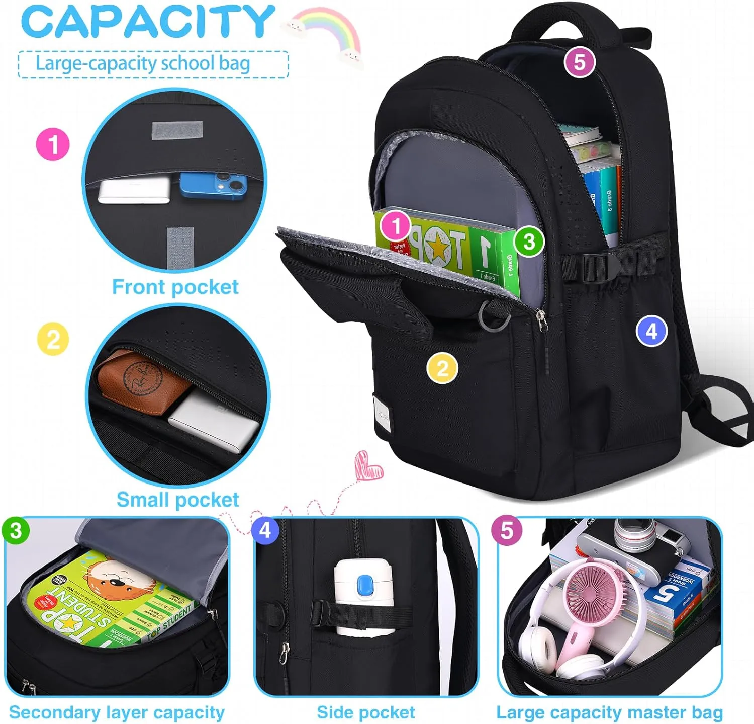 Kids School Backpack for Teens Girls Aesthetic Black Backpack Lightweight College Laptop Casual Travel Bookbag