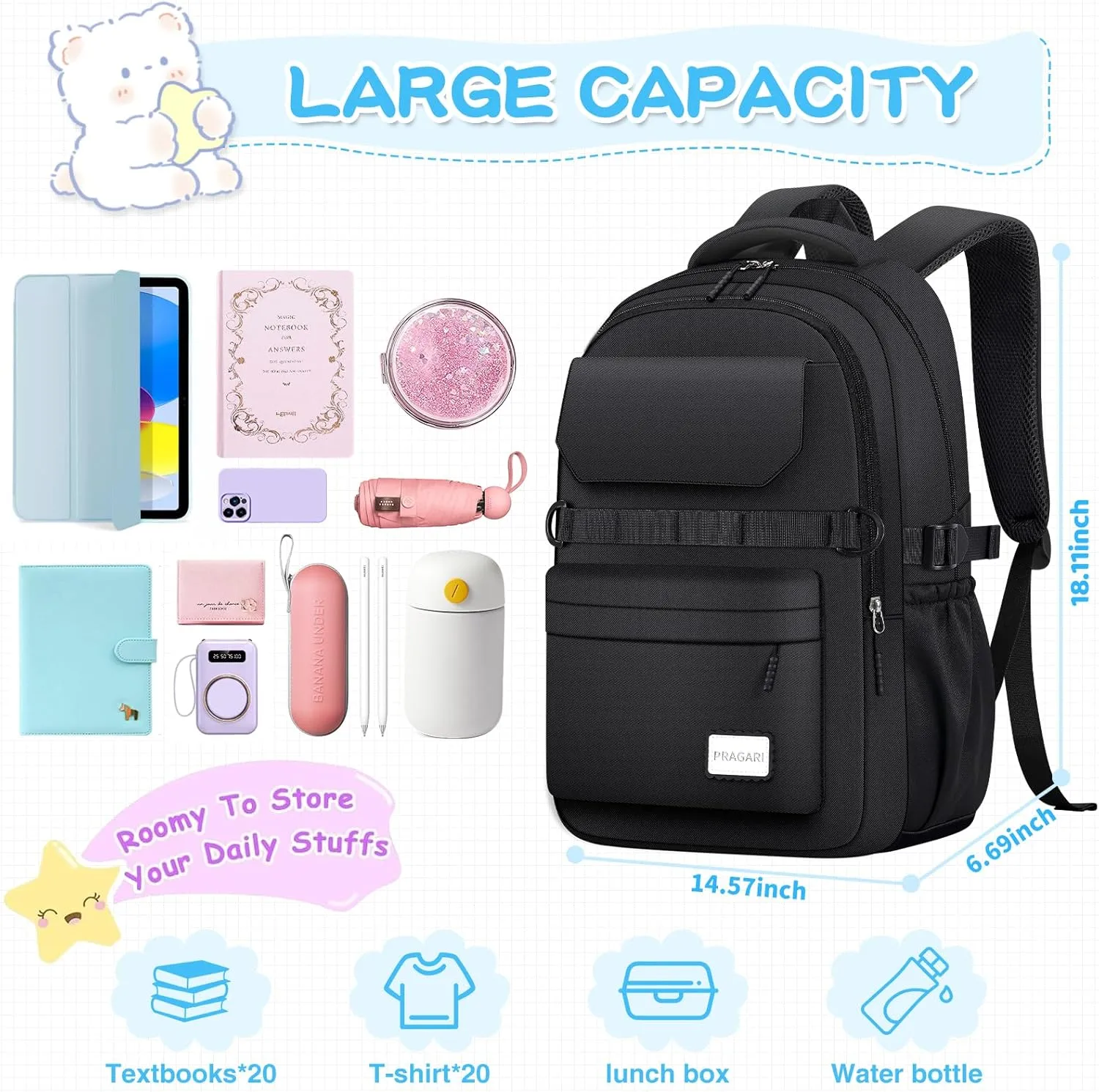 Kids School Backpack for Teens Girls Aesthetic Black Backpack Lightweight College Laptop Casual Travel Bookbag