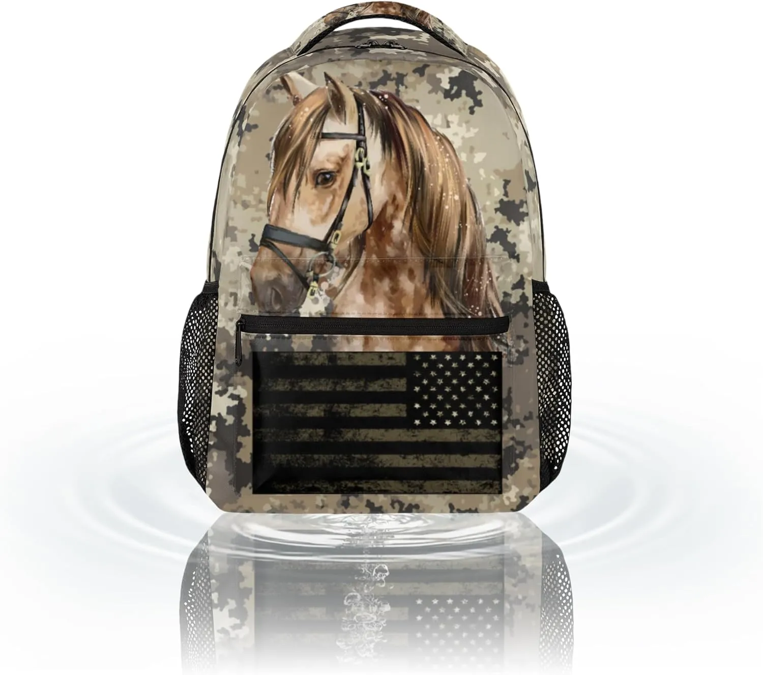 Kids School Backpacking Horse Animal Backpack for Teens Girls & Boys Middle School Aesthetic Camouflage USA Flag Students Bookbag 16 in Cute Lightweight Gym Travel Bag Sports Schoolbag