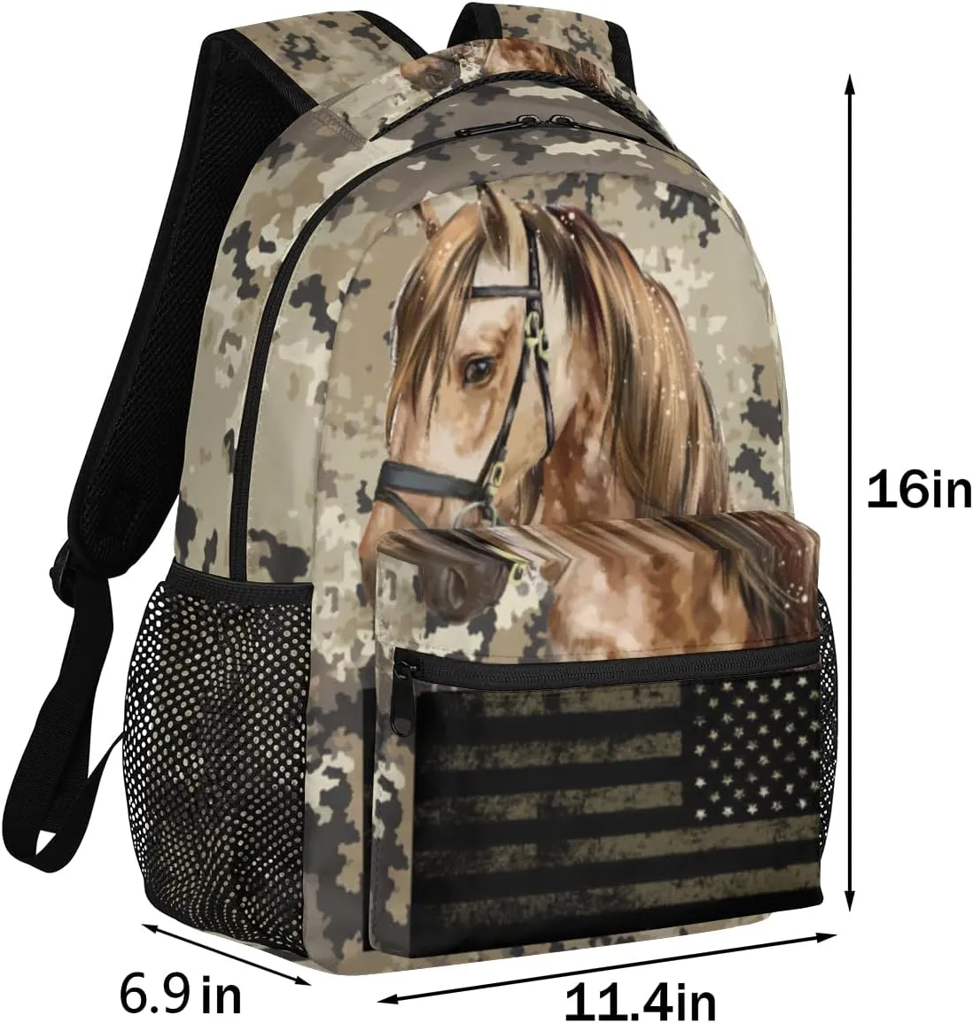 Kids School Backpacking Horse Animal Backpack for Teens Girls & Boys Middle School Aesthetic Camouflage USA Flag Students Bookbag 16 in Cute Lightweight Gym Travel Bag Sports Schoolbag