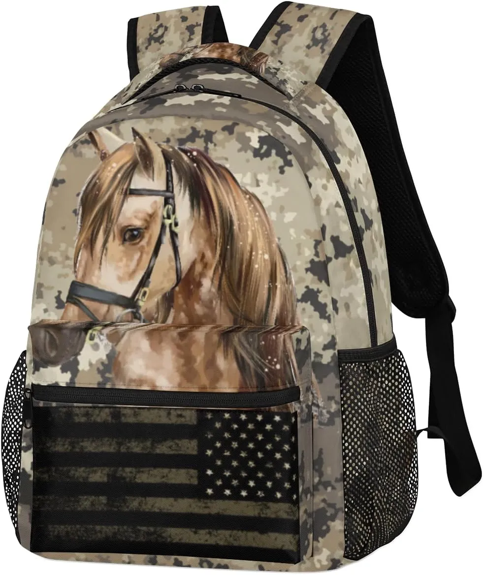 Kids School Backpacking Horse Animal Backpack for Teens Girls & Boys Middle School Aesthetic Camouflage USA Flag Students Bookbag 16 in Cute Lightweight Gym Travel Bag Sports Schoolbag