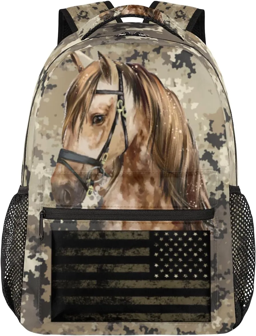 Kids School Backpacking Horse Animal Backpack for Teens Girls & Boys Middle School Aesthetic Camouflage USA Flag Students Bookbag 16 in Cute Lightweight Gym Travel Bag Sports Schoolbag