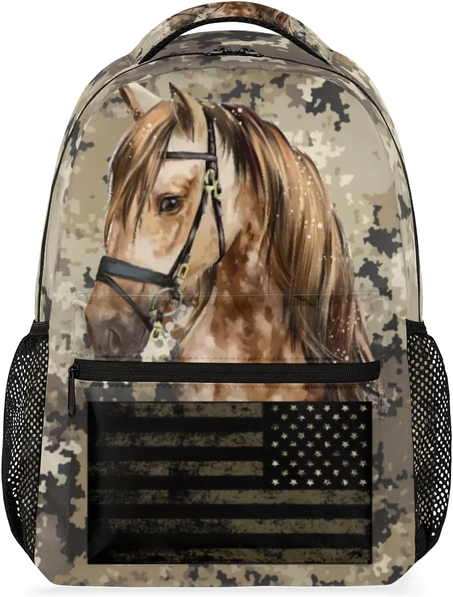 Kids School Backpacking Horse Animal Backpack for Teens Girls & Boys Middle School Aesthetic Camouflage USA Flag Students Bookbag 16 in Cute Lightweight Gym Travel Bag Sports Schoolbag