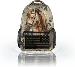 Kids School Backpacking Horse Animal Backpack for Teens Girls & Boys Middle School Aesthetic Camouflage USA Flag Students Bookbag 16 in Cute Lightweight Gym Travel Bag Sports Schoolbag