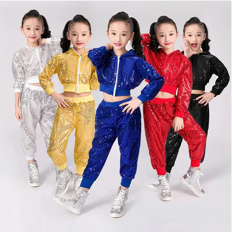 Kids Sequin Jazz Dance Costume - Hip Hop Cheer Crop Top & Pants Set
