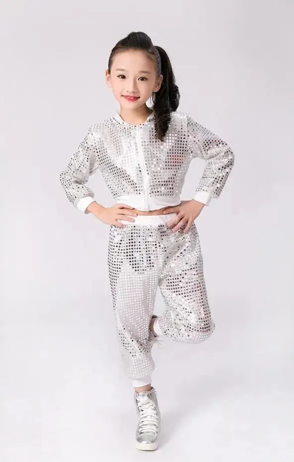 Kids Sequin Jazz Dance Costume - Hip Hop Cheer Crop Top & Pants Set
