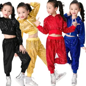 Kids Sequin Jazz Dance Costume - Hip Hop Cheer Crop Top & Pants Set