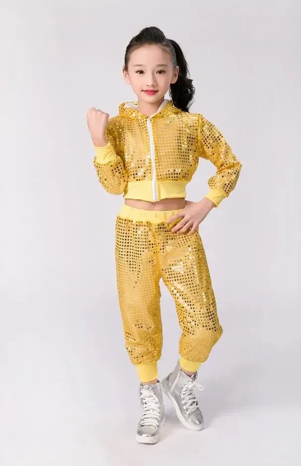 Kids Sequin Jazz Dance Costume - Hip Hop Cheer Crop Top & Pants Set