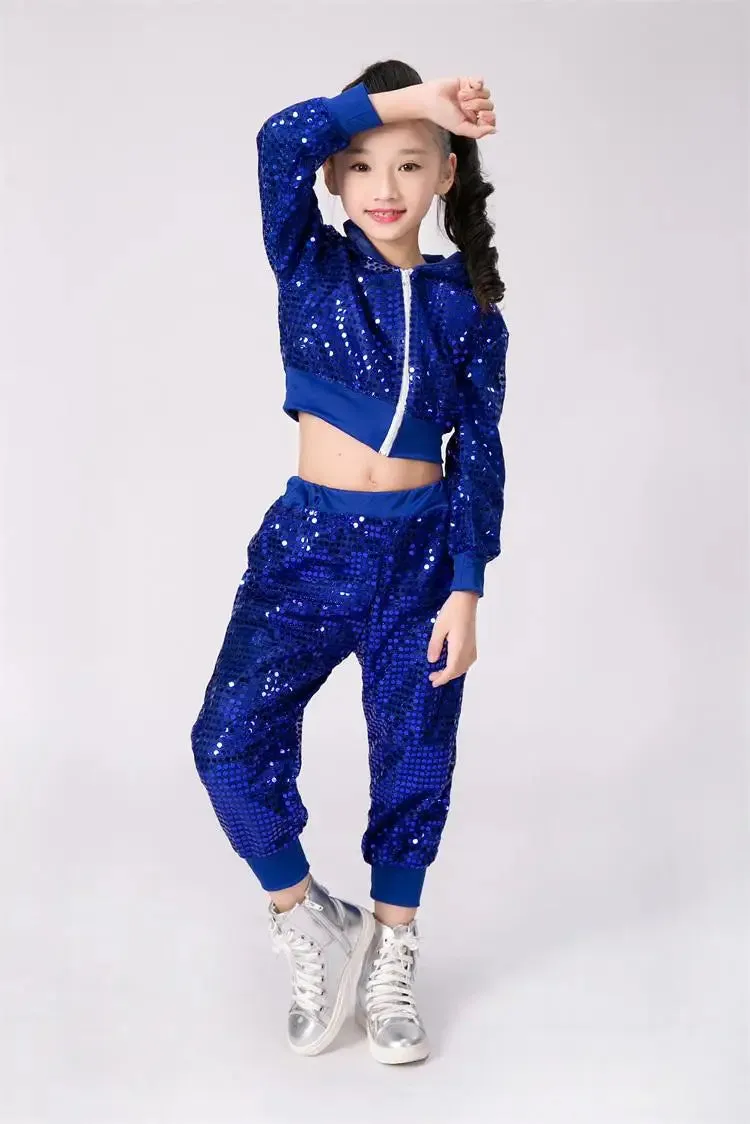 Kids Sequin Jazz Dance Costume - Hip Hop Cheer Crop Top & Pants Set
