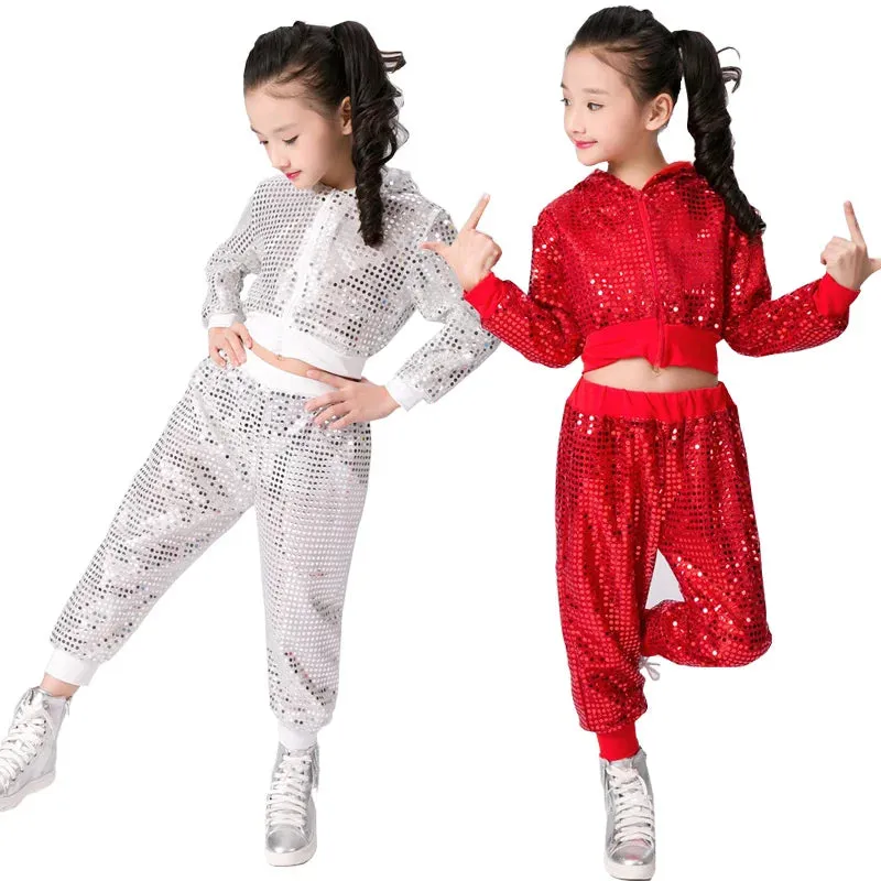 Kids Sequin Jazz Dance Costume - Hip Hop Cheer Crop Top & Pants Set