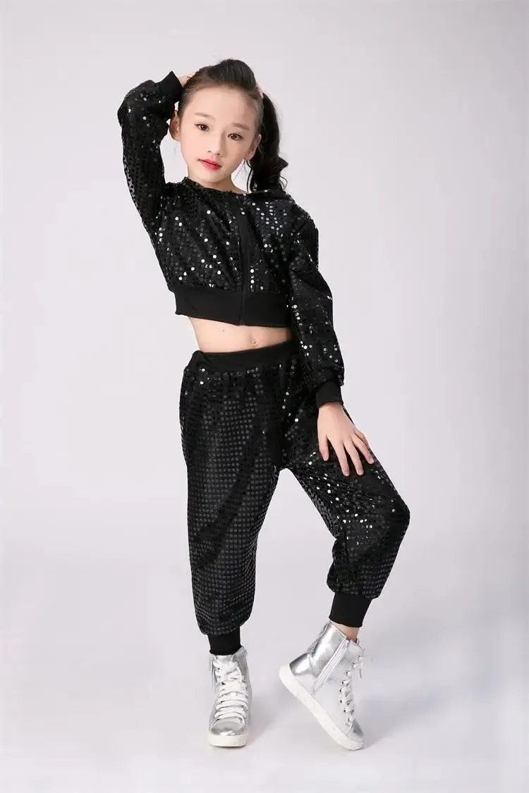 Kids Sequin Jazz Dance Costume - Hip Hop Cheer Crop Top & Pants Set