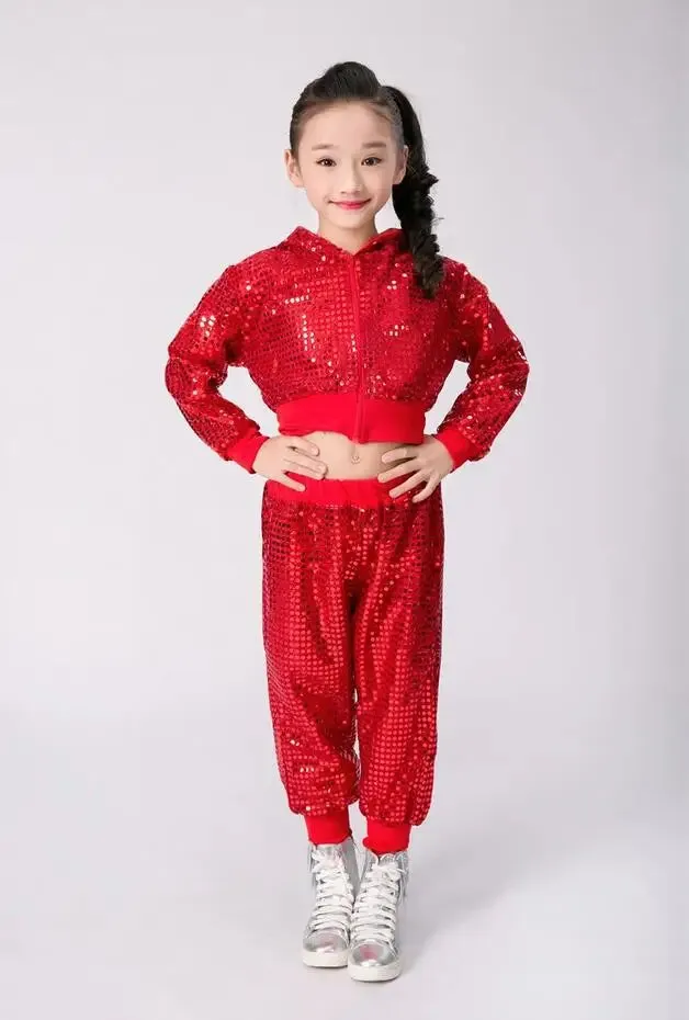 Kids Sequin Jazz Dance Costume - Hip Hop Cheer Crop Top & Pants Set