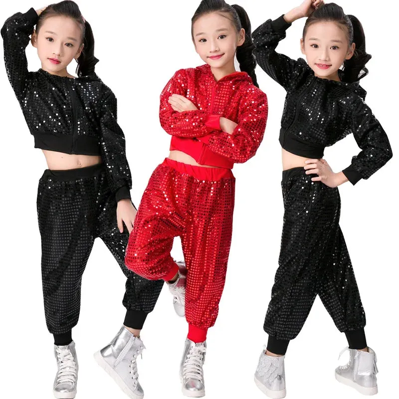Kids Sequin Jazz Dance Costume - Hip Hop Cheer Crop Top & Pants Set