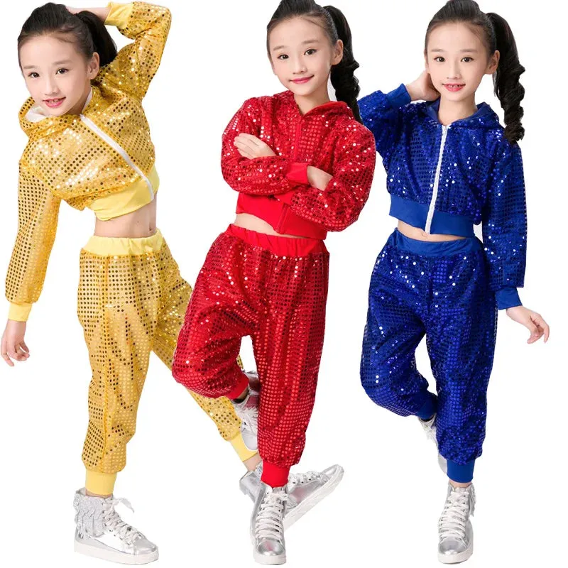 Kids Sequin Jazz Dance Costume - Hip Hop Cheer Crop Top & Pants Set