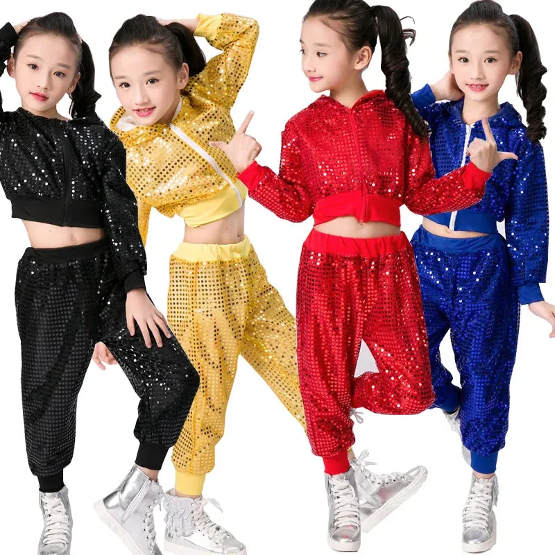 Kids Sequin Jazz Dance Costume - Hip Hop Cheer Crop Top & Pants Set