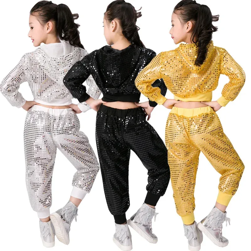 Kids Sequin Jazz Dance Costume - Hip Hop Cheer Crop Top & Pants Set