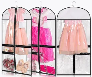 Kimbora Clear Dance Costume Garment Bag for Dancers 3 Zippered Pockets Kids Embroiderable Competitions Bags, Clothes Cover for Girls Dress(3 Packs)