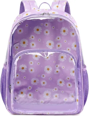 Kimwadalh Clear Backpack for Women, Purple Daisy TPU See Through Back Pack Heavy Duty Clear Bookbag Transparent Backpack for School Work Security College Travel