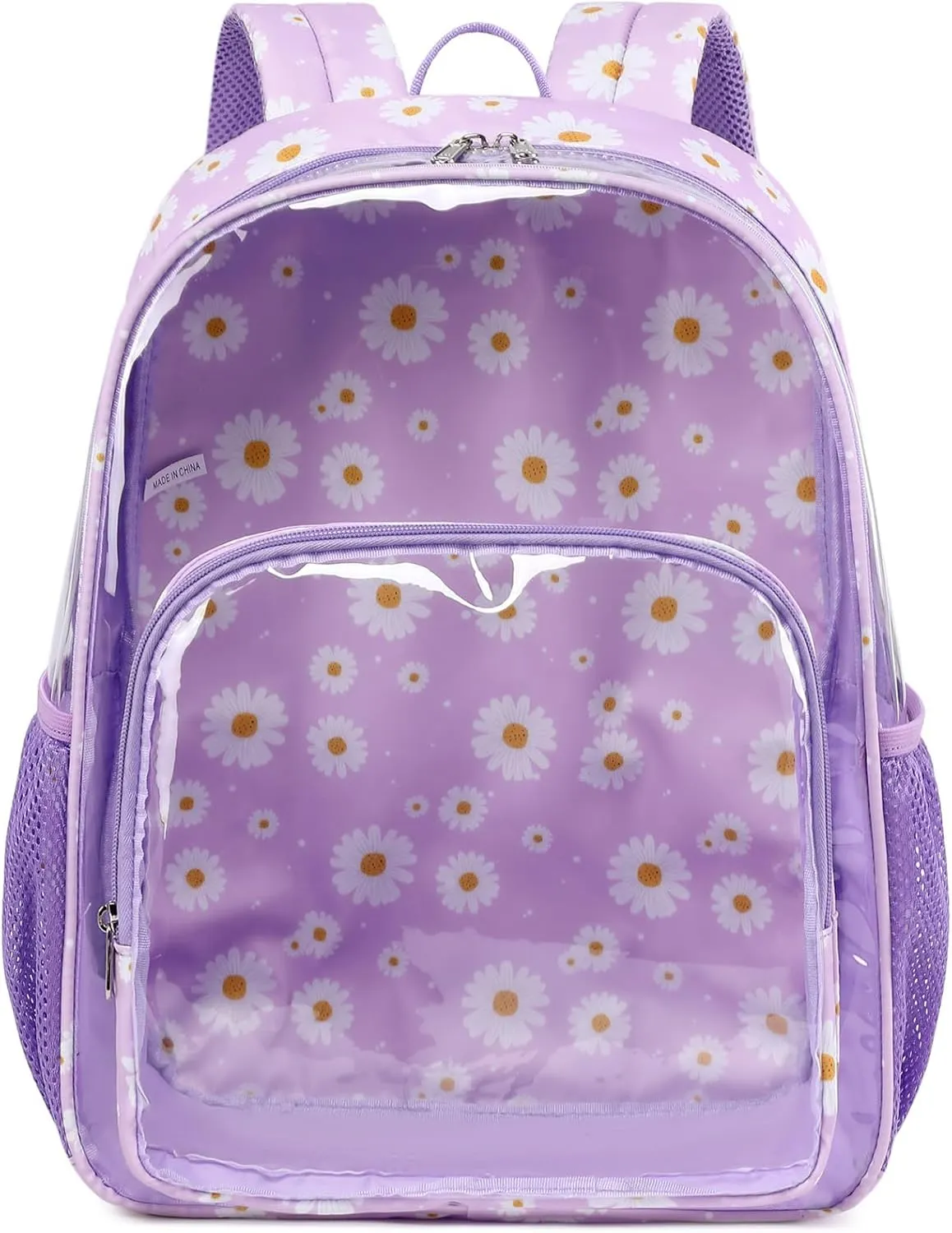 Kimwadalh Clear Backpack for Women, Purple Daisy TPU See Through Back Pack Heavy Duty Clear Bookbag Transparent Backpack for School Work Security College Travel