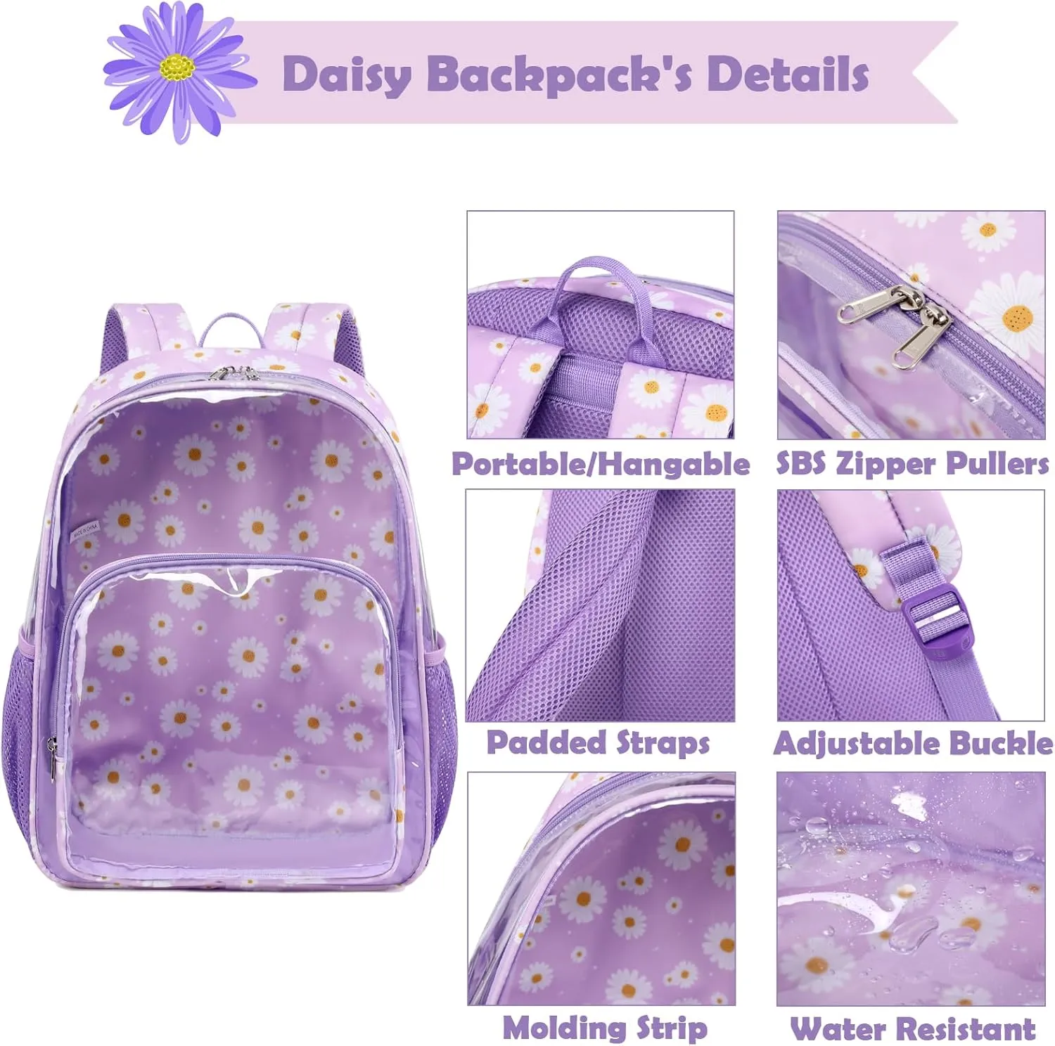 Kimwadalh Clear Backpack for Women, Purple Daisy TPU See Through Back Pack Heavy Duty Clear Bookbag Transparent Backpack for School Work Security College Travel
