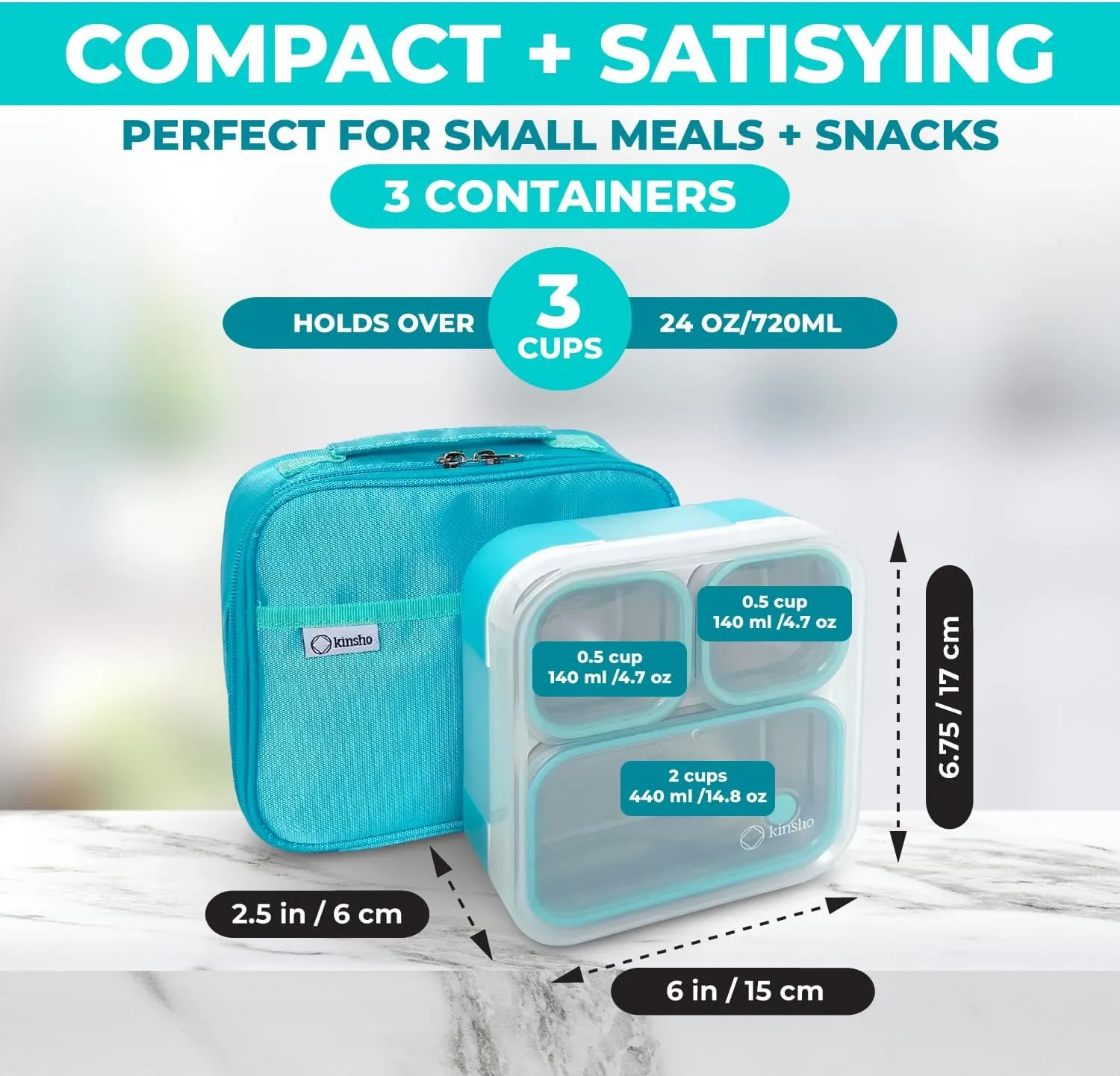 kinsho Stainless Steel Bento Lunch Box Set for Adults, Kids - Insulated Bag - Leak-Proof Metal Compartment Meal Prep Food & Snack Containers for Work Travel School Daycare 24 oz Baby Teal Blue